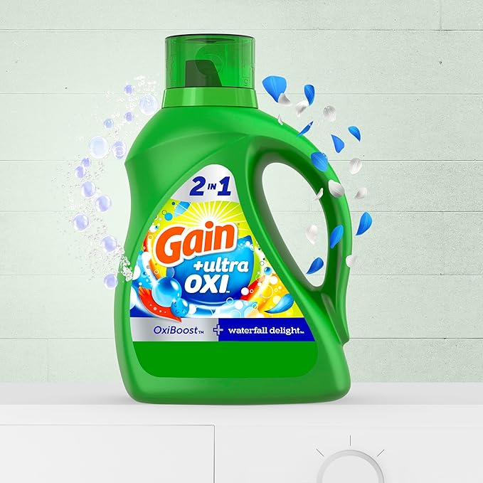 Gain Ultra Oxi Liquid Laundry Detergent, Waterfall Delight Scent, 61 Loads, 2-in-1, HE Compatible