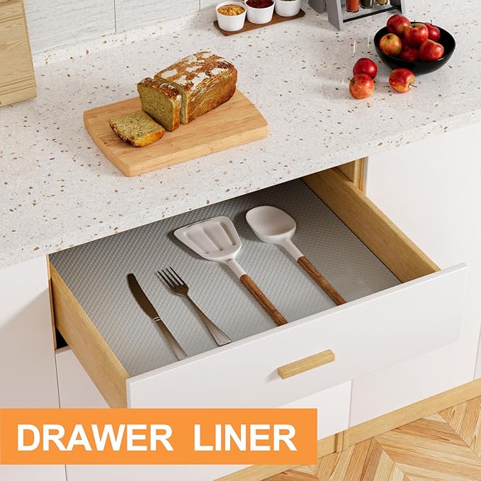 Shelf Liners for Kitchen Cabinets Non-Adhesive: Waterproof Drawer Liner 14 Inch × 300 inch Light Grey - Easy to Cut EVA Cupboard Mat for Pantry Shelves