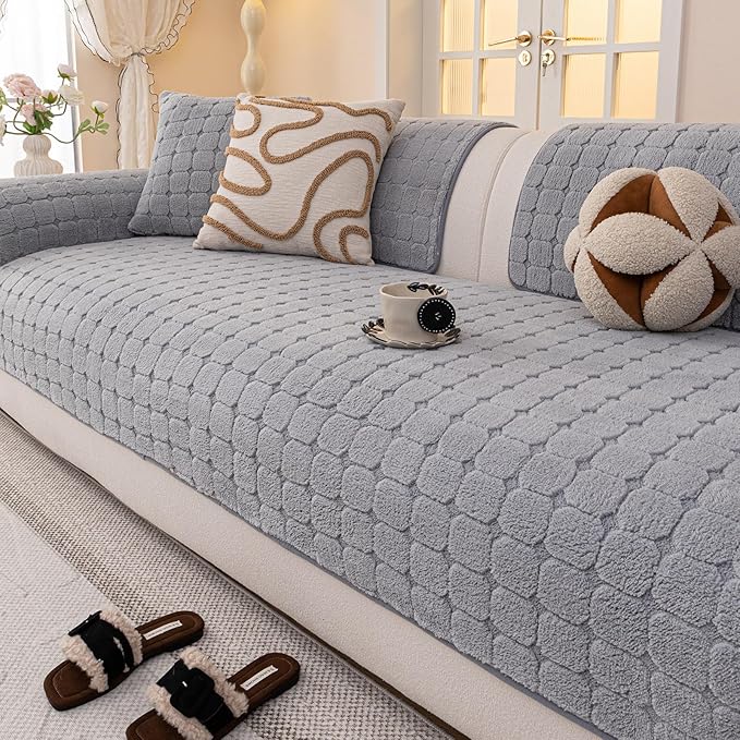 Velvet Sofa Covers Washable, Plush Warm Couch Cover for Loveseat, Funny Fuzzy Couch Covers for Pets&Kids, Non-Slip Sectional Sofa Cover(1PC, Light Grey, 35.4"×47.2", Loveseat)