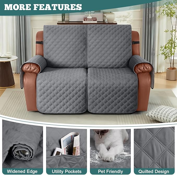 Ruaozz Waterproof Recliner Sofa Covers, 1-Piece Reclining Couch Covers Non-Slip Sofa Slipcover Washable Furniture Protector with Elastic Straps Pocket for Kids Pets (Dark Grey, XL 2 Seater)