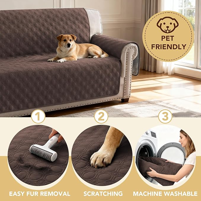 H.VERSAILTEX 100% Waterproof Couch Covers for 3 Cushion Couch Sofa Pet Friendly Thick Soft Sofa Covers Washable Non Slip Furniture Protector with Elastic Straps(Sofa, Brown)