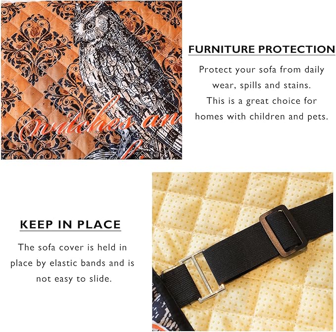 Cmfshape Halloween Skidproof Sofa Cover-Festival Sofa Slipcover with Elastic Straps-Easy Fit Slip Cover-Patchwork Washable Furniture Protector for Pets and Kids(Recliner,Black&Orange)