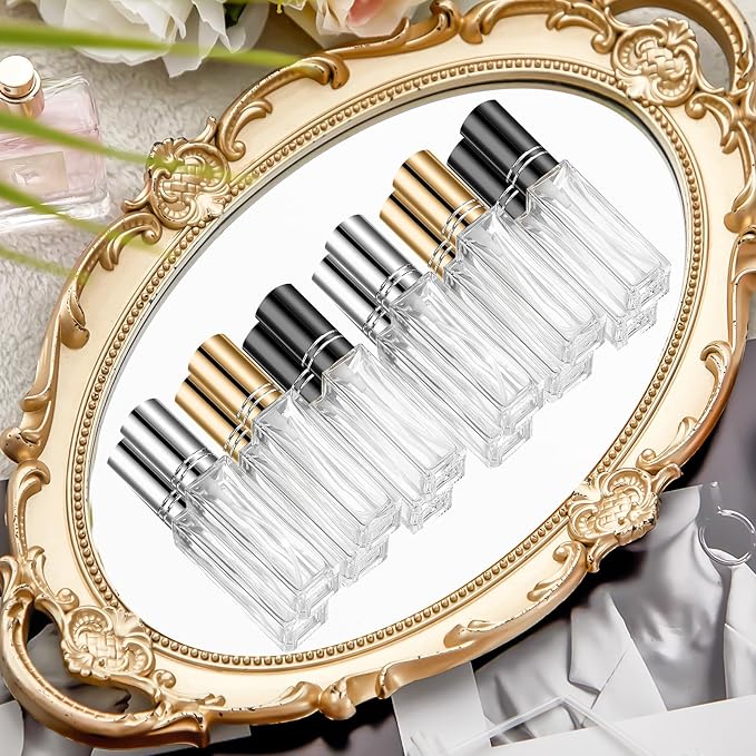 Domensi 90 Pcs 8 ml Empty Glass Perfume Bottles Bulk - Gold,Silver,Black Refillable Cologne Spray Atomizer with Pump, for Travel, Skincare, Haircare, Cleaning & DIY Essentials