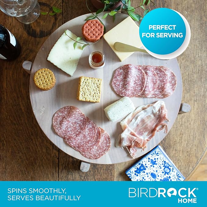 BIRDROCK HOME Elevated Lazy Susan | Rotating Acacia Wood Platter with Raised Legs | Ideal for Serving, Organizing, and Decor | Smooth 360° Rotation (White Wash, Medium)