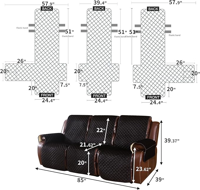 LUFEIJIASHI Non Slip Recliner Couch Covers for 3 Cushion Couch Sofa Reclining, Waterproof Recliner Sofa Covers 3 Seat, Velvet Reclining Couch Covers for Furniture Protector for Dogs Pets Black
