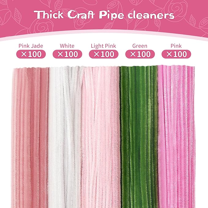 500PCS Pipe Cleaners Craft for Flower - 5 Assorted Colors Chenille Stems Pipe Cleaners Bulk 25sturdy floral stems, 200Stamens, Ribbon, Glue Sticks & Pearls for DIY Bouquets & Home Decor(Pink)