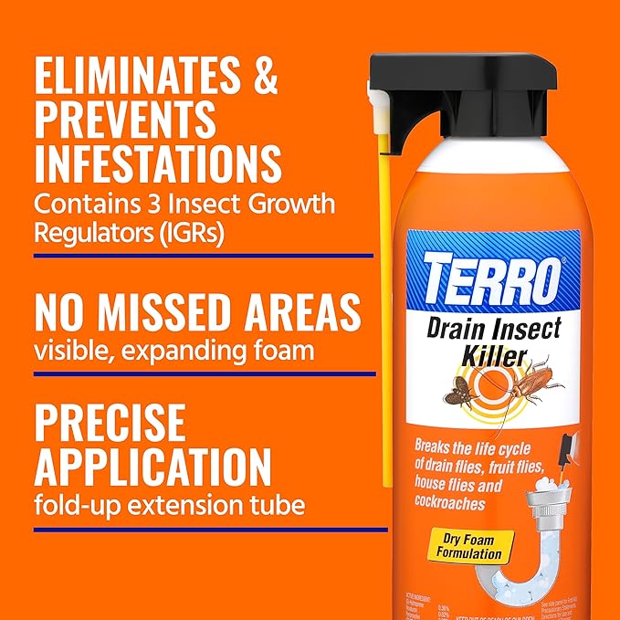 TERRO Drain Insect Killer - T590 Drain Fly Killer Spray - Foam Treatment for Fruit Flies, House Flies, and Cockroaches (Pack of 2)