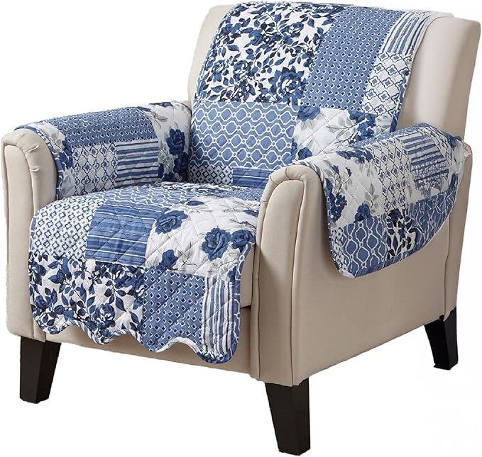 Great Bay Home Reversible Patchwork Chair Cover - Washable Slipcover Furniture Protector with Elastic Straps - Chair Cover for Dogs, Kids, and Pets - Box-Stitched Detail (Chair, Navy)