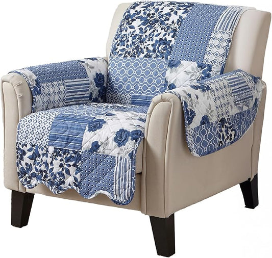Great Bay Home Reversible Patchwork Chair Cover - Washable Slipcover Furniture Protector with Elastic Straps - Chair Cover for Dogs, Kids, and Pets - Box-Stitched Detail (Chair, Navy)