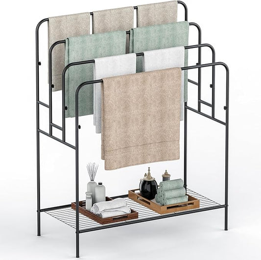 44" Extra Large Free Standing Towel Rack - 4 Tier Outdoor Pool Towel Holder, Versatile Blanket and Quilt Rack Stand for Living Room, Bathroom, Bedroom, Beach, Hot Tub, Gym and Pool Area Outside