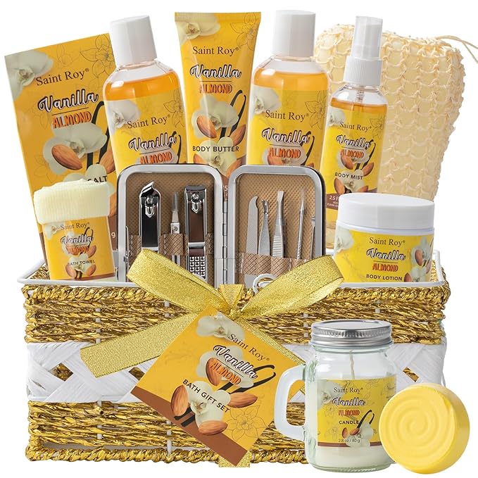 Bath & Body Gift Set, 20pcs Vanilla & Honey Almond Scents Bath Gift Baskets Home Spa Gift, Bath Spa Kit For Women and Men Luxury Home Spa Bath Gift Basket, Skin Care Gift Set, Spa Gifts, Pamper Gifts