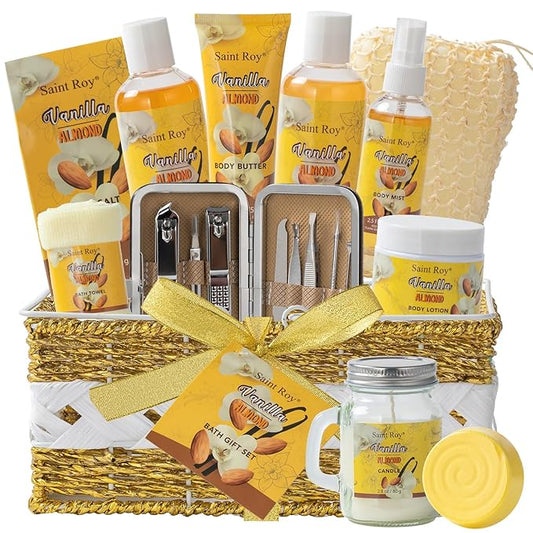 Bath & Body Gift Set, 20pcs Vanilla & Honey Almond Scents Bath Gift Baskets Home Spa Gift, Bath Spa Kit For Women and Men Luxury Home Spa Bath Gift Basket, Skin Care Gift Set, Spa Gifts, Pamper Gifts