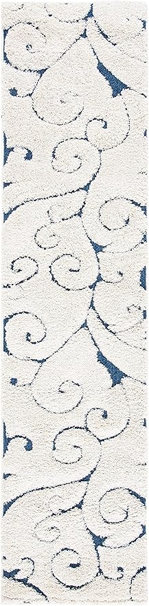 SAFAVIEH Florida Shag Collection Runner Rug - 2'3" x 9', Cream & Blue, Scroll Design, Non-Shedding & Easy to Clean, High-Low Plush Pile, Ideal for Bedroom, Foyer, Hallway (SG455-1165)