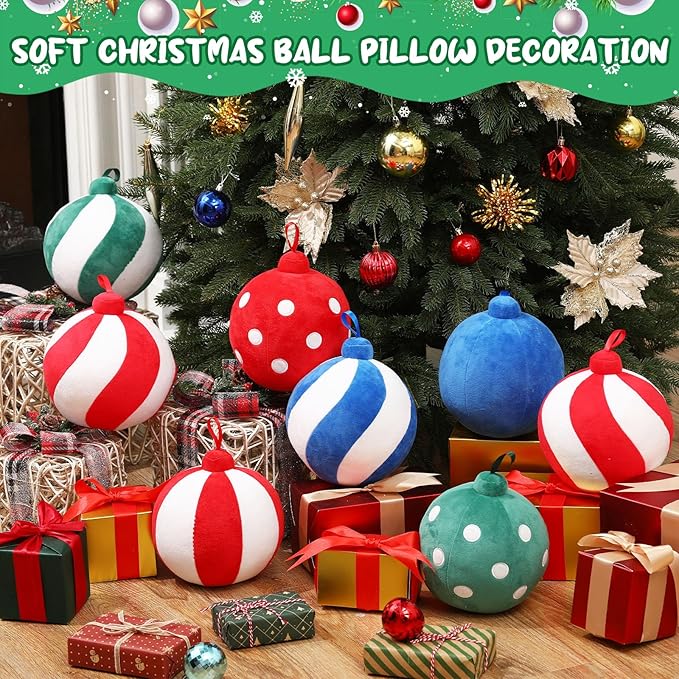 2 Pcs Christmas Pillows 7 Inch Round Christmas Ornament Shaped Throw Pillow Cute 3D Ball Xmas Throw Cushion Decoration for Bed Couch Sofa Chair Living Room(Green and White)