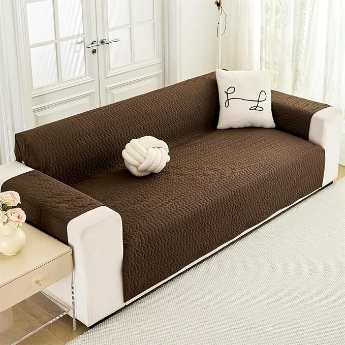 Cmfshape Skidproof Loveseat Cover-Geometrical Couch Slipcover with Elastic Straps-Easy Fit Slip Cover-Washable Furniture Protector for Pets and Kids(Loveseat46,Coffee)