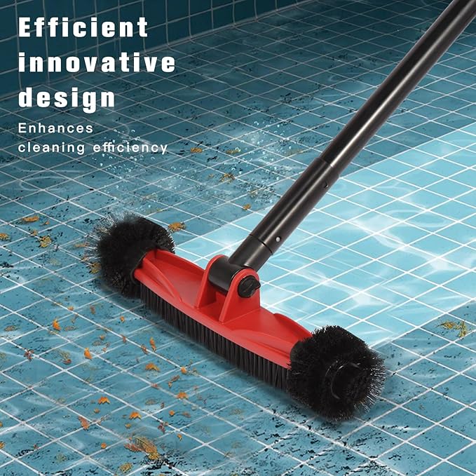 Pool Brush Head with Round Ends, Heavy Duty Pool Brushes for Cleaning Pool Walls, Floors Steps & Corners, 16" Pool Brush with Sturdy Aluminum Handle & Durable Nylon Bristles