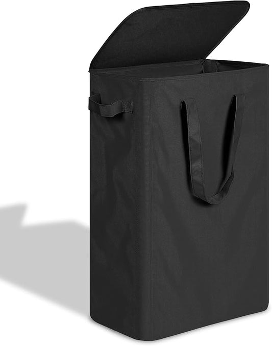 efluky Slim Laundry Basket with Lid, Narrow Laundry Hamper with Handles, Collapsible Dirty Clothes Hamper, Tall Laundry Bin for Laundry Room, Dorm and Bedroom, 55L Black