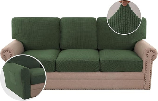 H.VERSAILTEX Multi-Pieces Sofa Covers Stretch Couch Covers Form Fitted Seats and Back Cushions Covers (3 Seat Covers Plus 3 Back Cusion Covers, Bonus 2 Armrest Covers), Bronze Green