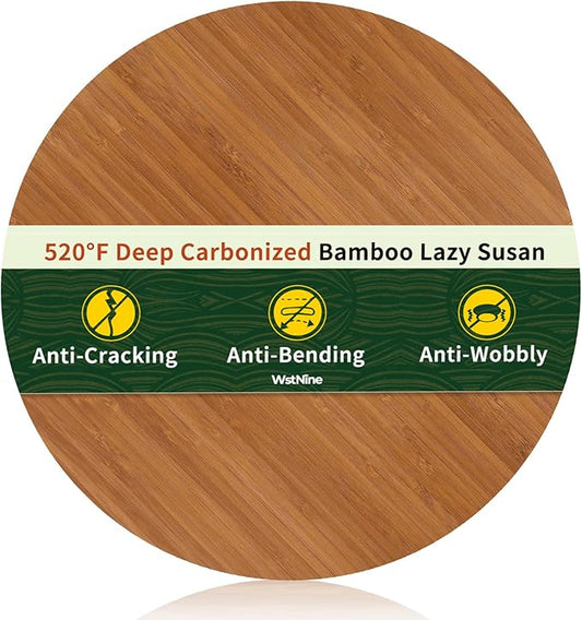 14'' Bamboo Wood Lazy Susan Organizer, Lazy Susans for Table Top, Deep Carbonized Rotating Tray, Sturdy Spinning Base, Non Slip, Spice Rack Organzier, Turntable for Kitchen Cabinet, Countertop, Pantry