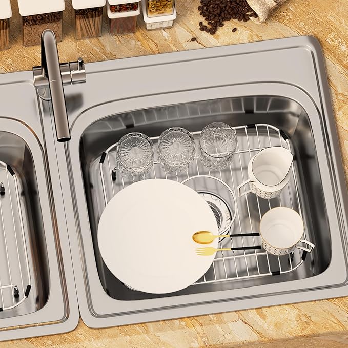 2 Pack Sink Grids,Sink Protectors for Kitchen Sink,Stainless Steel Sink Racks for Bottom of Sink,Metal Sink Grate with Strainers,Center Drain for Double Bowl with Corner Radius,11.5" x 13.8"