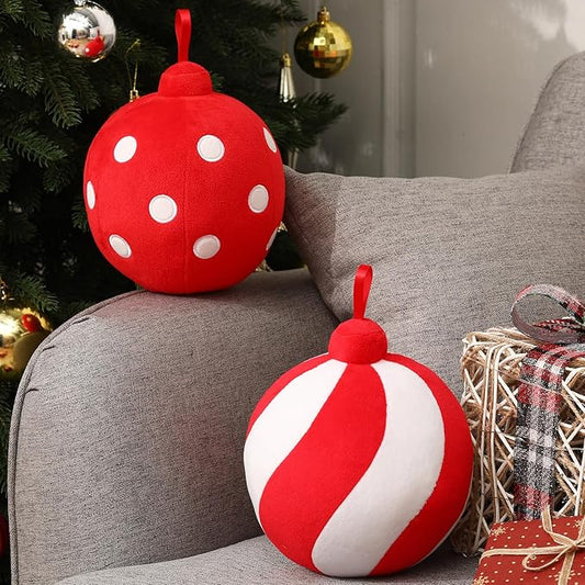 2 Pcs Christmas Pillows 7 Inch Round Christmas Ornament Shaped Throw Pillow Cute 3D Ball Xmas Throw Cushion Decoration for Bed Couch Sofa Chair Living Room(Light Red and White)