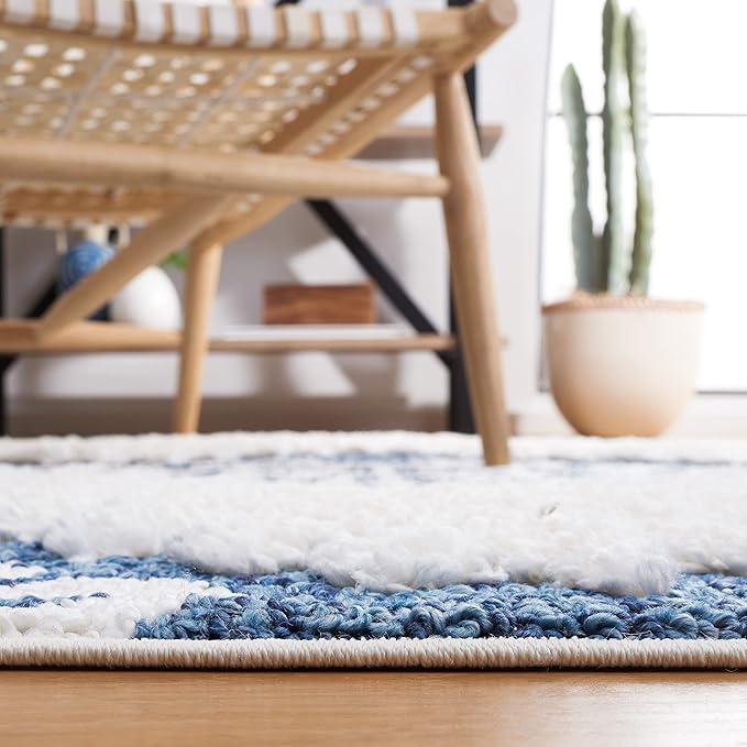 SAFAVIEH Moroccan Tassel Shag Collection Accent Rug - 4' x 6', Blue & Ivory, Boho Design, Non-Shedding & Easy Care, 2-inch Thick Ideal for High Traffic Areas in Foyer, Living Room, Bedroom (MTS652M)