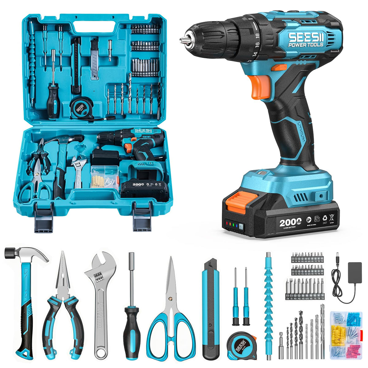 Seesii 20V Power Drill Set, 183Pcs Tool Kit with Toolbox - Image 1