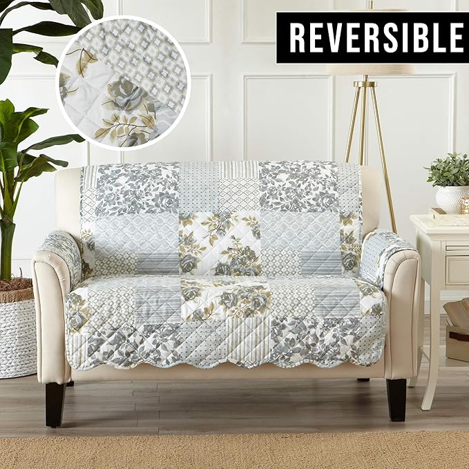 Great Bay Home Reversible Patchwork Loveseat Cover - Washable Slipcover Furniture Protector with Elastic Straps - Couch Cover for Dogs, Kids, and Pets - Box-Stitched Detail (Loveseat, Grey)