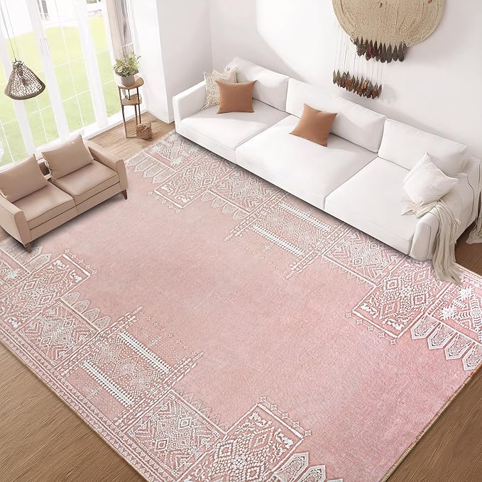 NICETOWN 8x10 Large Washable Pink Area Rug - Boho Non-Slip Folable Rug Stain Resistant Oriental Medallion Living Room Carpet for Girls Room Kitchen Laundry Bathroom Bedroom, Light Pink