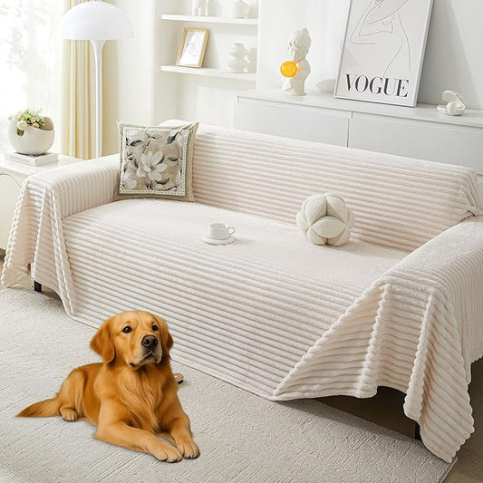 HAOMAIJIA Faux Fur Sofa Covers Couch Covers for 3 Cushion Couch Sofa Pet Friendly Soft Non Slip Couch Cover for Dogs Washable Sectional Couch Covers L Shape Furniture Protector (Off White, 71"x134")