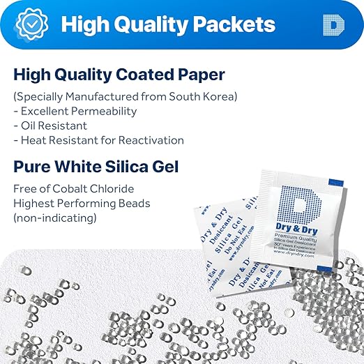Dry & Dry Premium Silica Gel Packs Desiccant - Food Safe Silica Gel Packets - White - 1000 Packets (1 Gram)