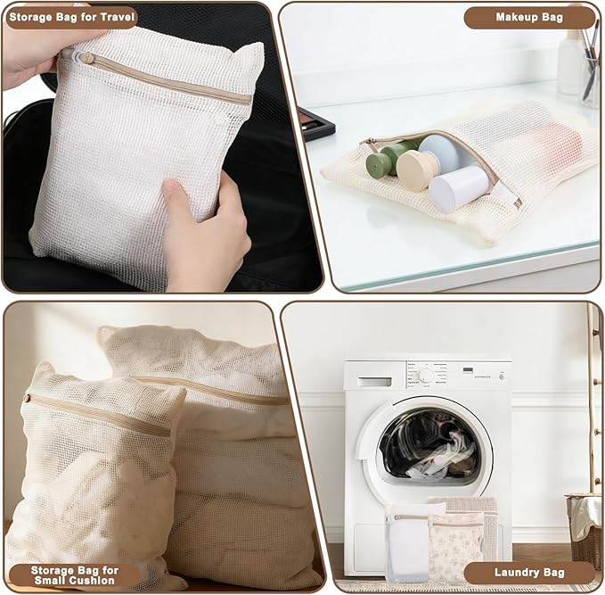3 Pcs Cotton Mesh Laundry Bag, Sturdy Zipper Lingerie Bags for Washing Delicates, Breathable Durable Cotton Garment Bag for Washing Machine Lingerie Clothes Pants Shoes & Socks
