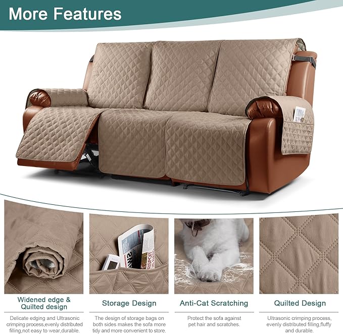 Ruaozz Waterproof Recliner Sofa Covers, 1-Piece Couch Covers for Reclining Couches Reclining Couch Cover Washable Furniture Protector with Elastic Straps Pocket for Kids Pets (Light Brown, 3 Seater)
