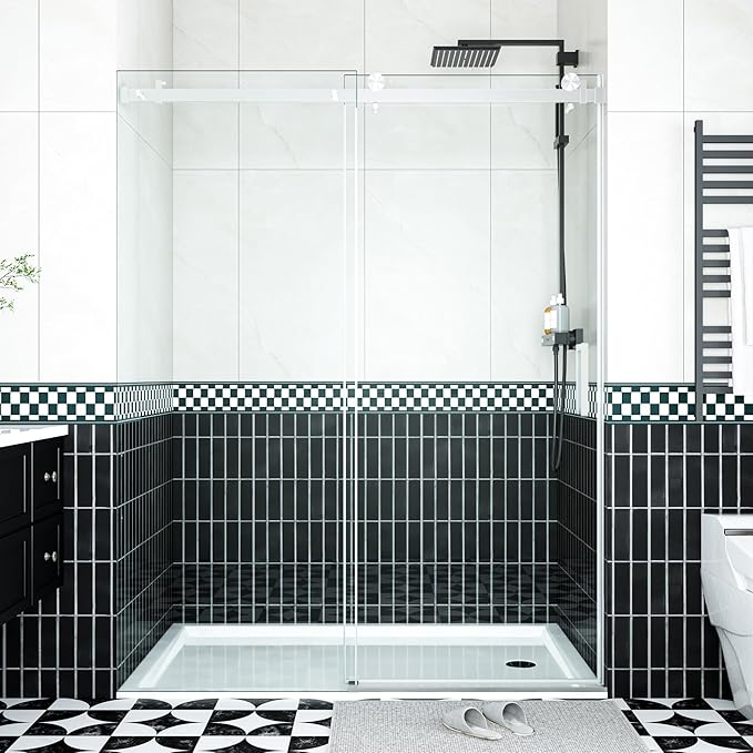 Glass Shower Door 56–60 Inch W x 76 Inch H, Frameless Sliding Shower Enclosure with Fixed Panel, 8mm Coated Tempered Safety Glass, Square Stainless Steel Rail, Brushed Nickel