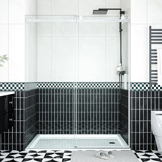 Glass Shower Door 56–60 Inch W x 76 Inch H, Frameless Sliding Shower Enclosure with Fixed Panel, 8mm Coated Tempered Safety Glass, Square Stainless Steel Rail, Brushed Nickel