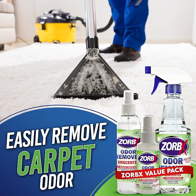 ZORBX Odor Remover Bundle – Includes 16 Oz Fast-Acting Odor Remover Spray, 7.5 Oz Compact-Sized Odor Remover Spray, 2 Oz Travel-Friendly Odor Remover Spray, & 24 Oz M&M Stain and Odor Remover Spray