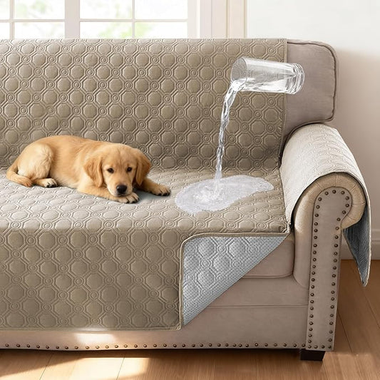 H.VERSAILTEX 100% Waterproof Couch Cover for Dogs Washable Triple Non-Slip 2 Cushion Loveseat Slipcover Thick Durable Sofa Protector with Storage Pocket (Loveseat, Taupe)