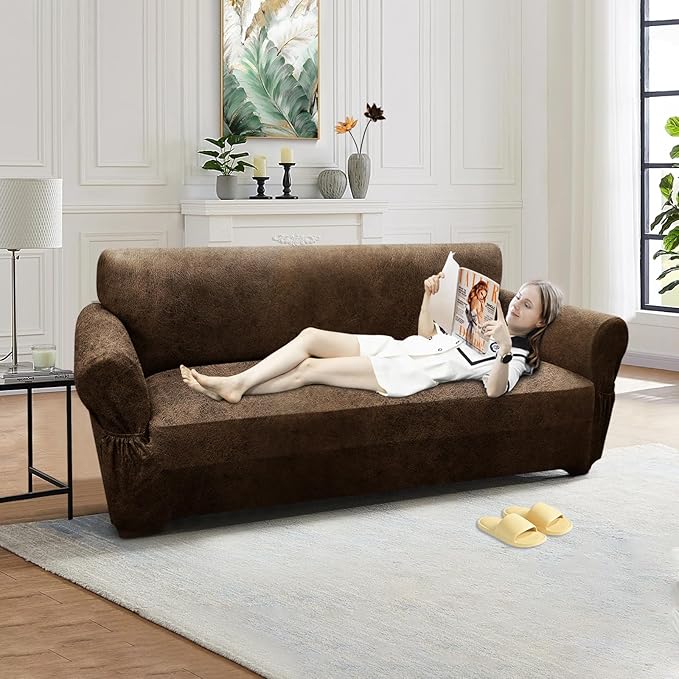 Loveseat Sofa Slipcover Leather Look Couch Covers for 2 Seater Couch Sofa 1-Piece Sofa Cover Stretch Furniture Protector with Elastic Bottom & Pockets(Loveseat, Brown)