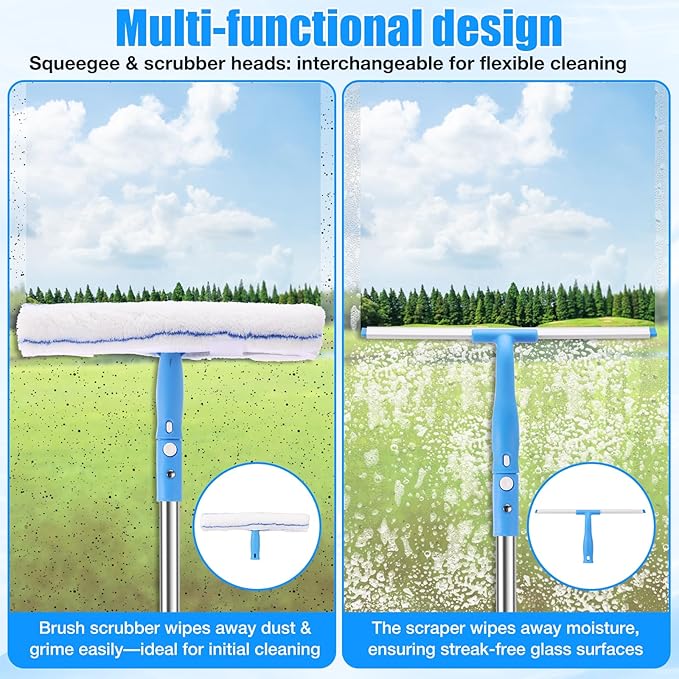 5 Feet Professional Window Cleaning Kit Extendable Window Mop with 61" Long Handle 14" Extra-Large Squeegee for Windshield Mirror Shower, with Blade Floor Scraper Tool