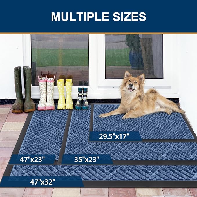 Smiry Front Door Mat Outside Entrance, Heavy Duty Outdoor Indoor Mat, Natural Rubber Doormat, Non Slip, Trap Dirt and Moisture, Easy Clean, Low Profile Patio Porch Entryway Mat, 47x32, Blue