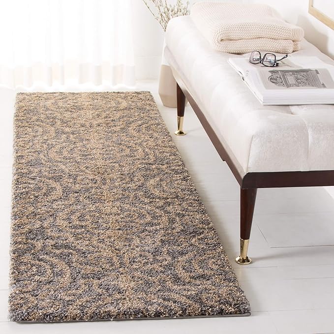 SAFAVIEH Florida Shag Collection Runner Rug - 2'3" x 11', Grey & Beige, Damask Design, Non-Shedding & Easy Care, 1.2-inch Thick Ideal for High Traffic Areas in Living Room, Bedroom (SG462-8013)