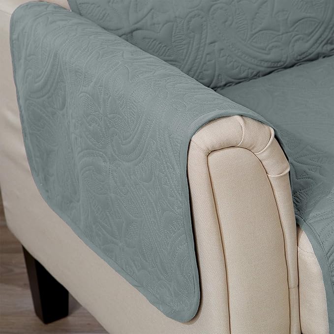 Great Bay Home Reversible Chair Cover - Washable Slipcover Furniture Protector with Elastic Straps - Furniture Cover for Dogs, Kids, and Pets - Quilted & Stitched Detail (Chair, Mirage Gray/Flax)