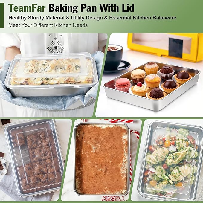TeamFar Rectangular Cake Pan with Lid, 10.5’’ Stainless Steel Small Lasagna Baking Roasting Brownie Pan, Non-toxic & Deep Side, Brushed Surface & Dishwasher Safe, 2 PCS
