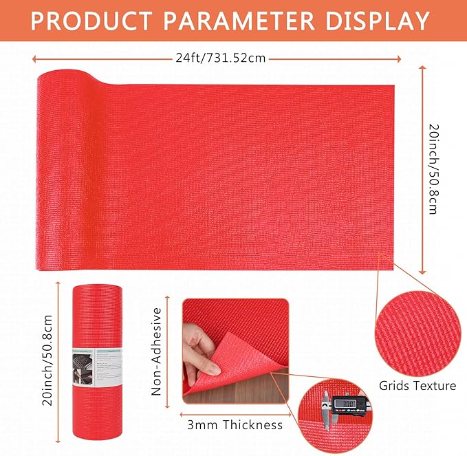 Foam Toolbox Liner Drawer Mat 1/8 Inch Thick X 20 Inch Wide X 24 Ft Long Red, No Slip for Protecting Cabinet, Garage, Cart, Tool Box