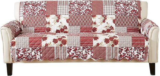 Great Bay Home Reversible Patchwork Sofa Cover - Washable Slipcover Furniture Protector with Elastic Straps - Couch Cover for Dogs, Kids, and Pets - Box-Stitched Detail (Sofa, Burgundy)