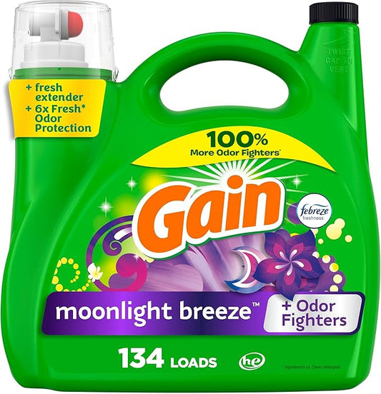 Gain Liquid Laundry Detergent, Moonlight Breeze Scent, 194 fl oz, 134 loads, Freshness + Odor Fighting, High Efficiency Washing Machine Liquid Cleaning Soap