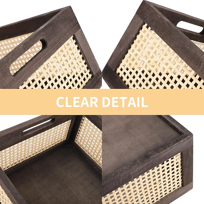 Rattan Storage Baskets, Wicker Storage Baskets for Shelves, Wooden Crate. (Brown-Set2)