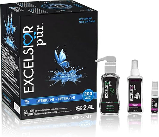 Excelsior Pür 7.5x Concentrated Laundry Detergent, 2.4 L (200 Loads), Fragrance Free/Unscented, Odor Control, Eco-Dispenser + Stain Remover, HE Compatible