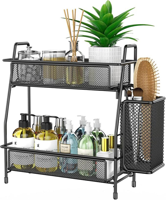 Bathroom Organizer with Basket, 2-Tier Bathroom Tray for Countertop Storage Shelf, Bathroom Counter Organizer, Vanity Organizer and Storage Kitchen Counter Organizers Spice Rack