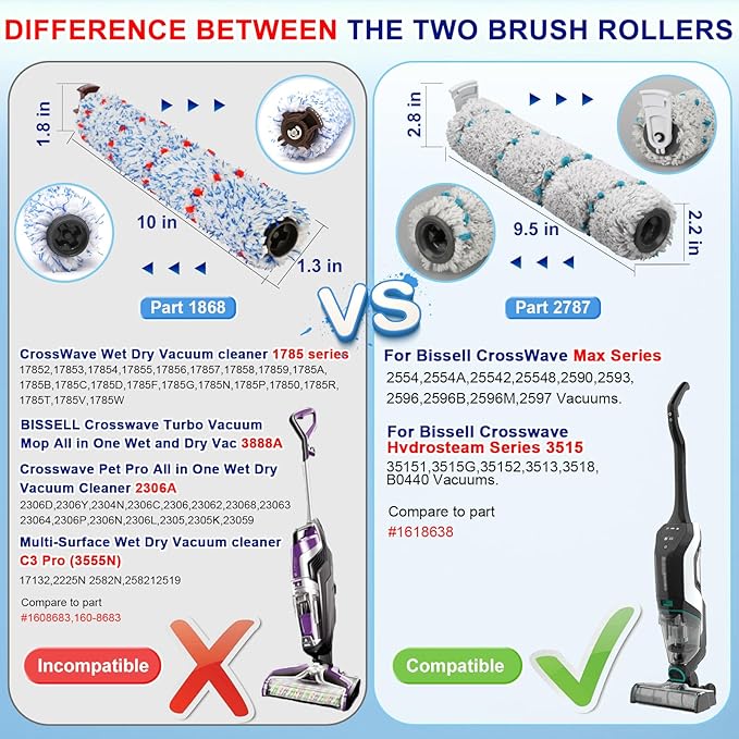 Lemige Brush and Filter Replacement Parts for Bissell CrossWave Max 2554 2590 2593 2596 for HydroSteam Plus 35151 3515 35152 3513 3518 Vacuum, 2 Pack Multi-Surface Brush Rolls 2787 Vacuum Filters 1866